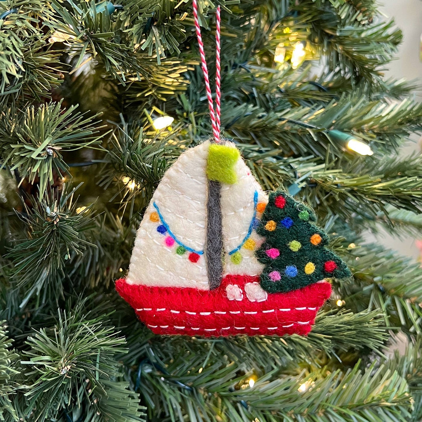 Sailboat with Tree Felt Wool Christmas Ornament
