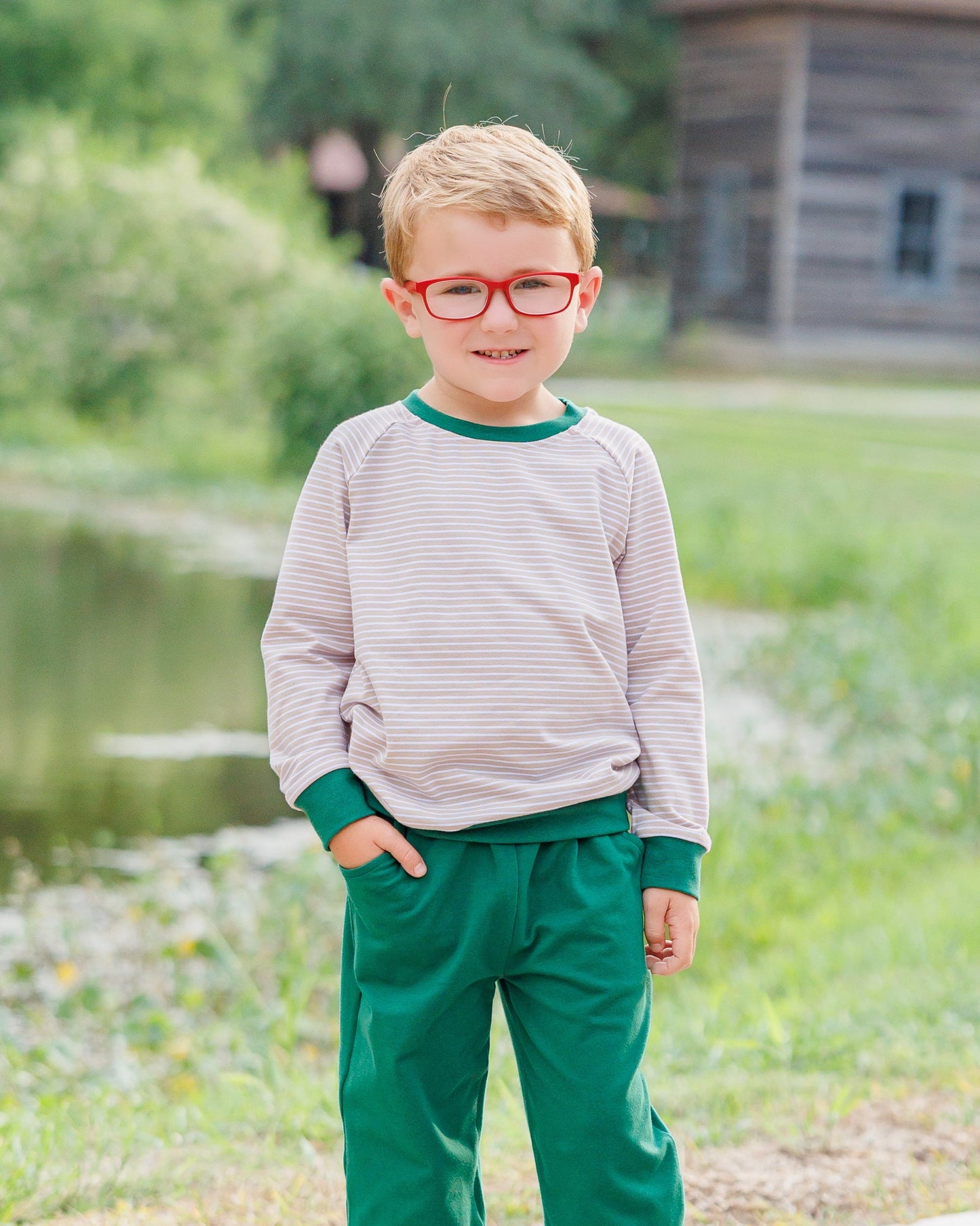 Connor Jogger Set- Tan Stripe/Hunter Green (Fall Preorder ETA September)