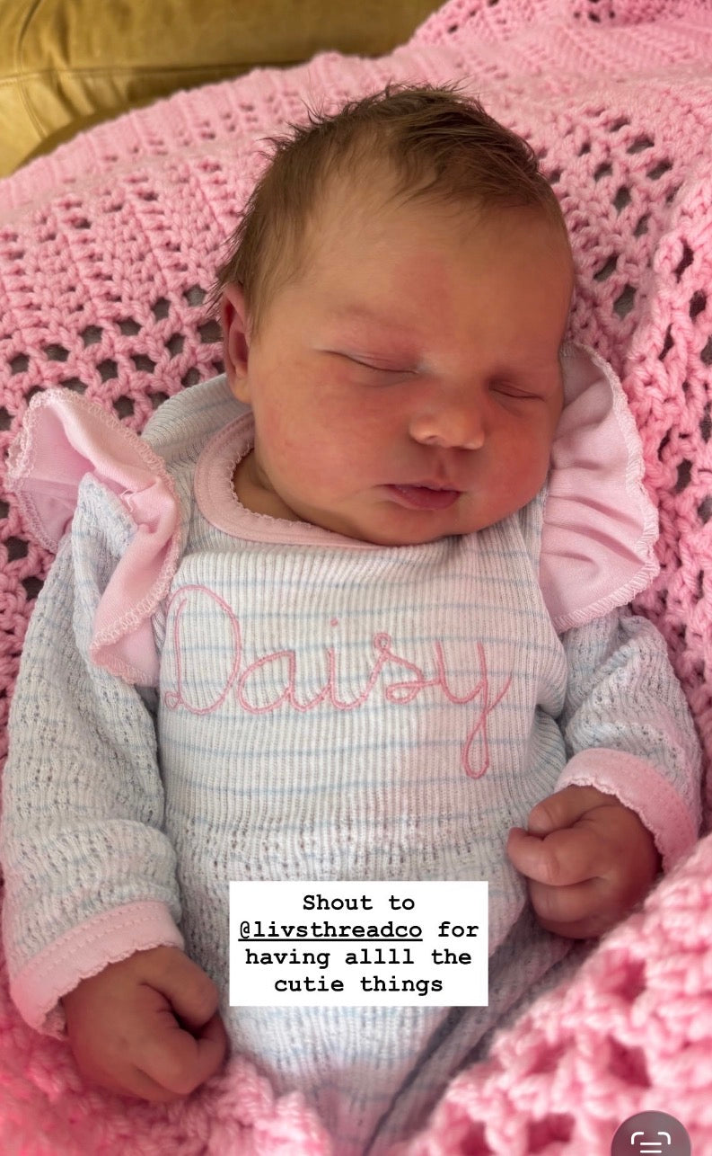 Paty Short Sleeve Pinstripe Romper with Ruffle Shoulder Trim (PREORDER ETA April)