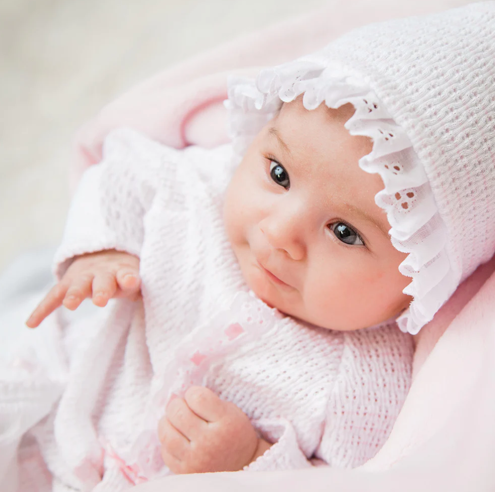 Paty Knit White Bonnet w/Eyelet Trim and Ribbon Tie
