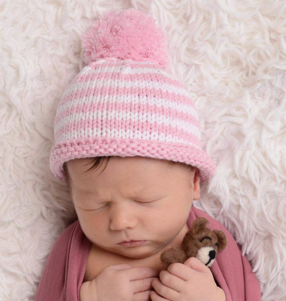 Newborn Baby Pink Pom Pom Beanie Hat