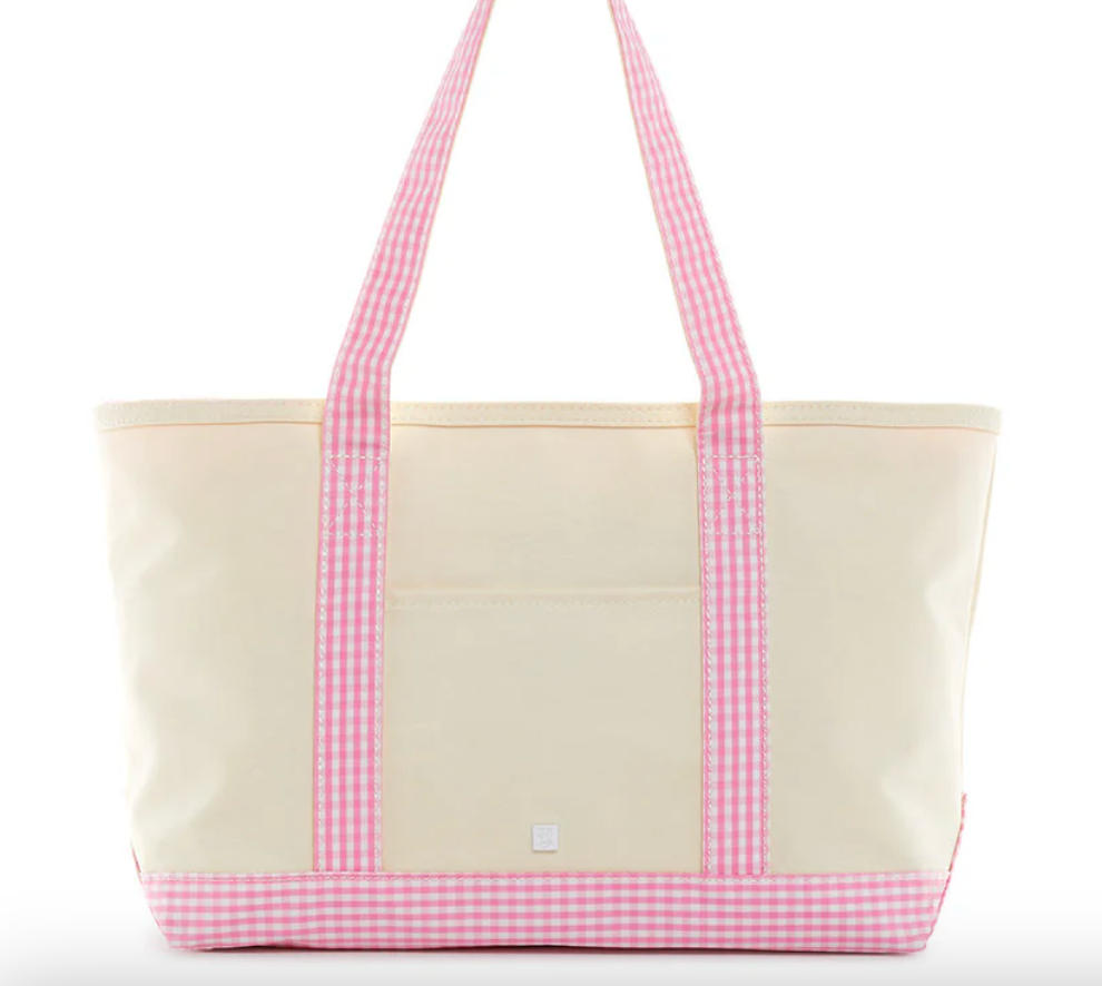 MEDIUM TOTE - COATED CANVAS NATURAL with GINGHAM PINK TRIM by TRVL