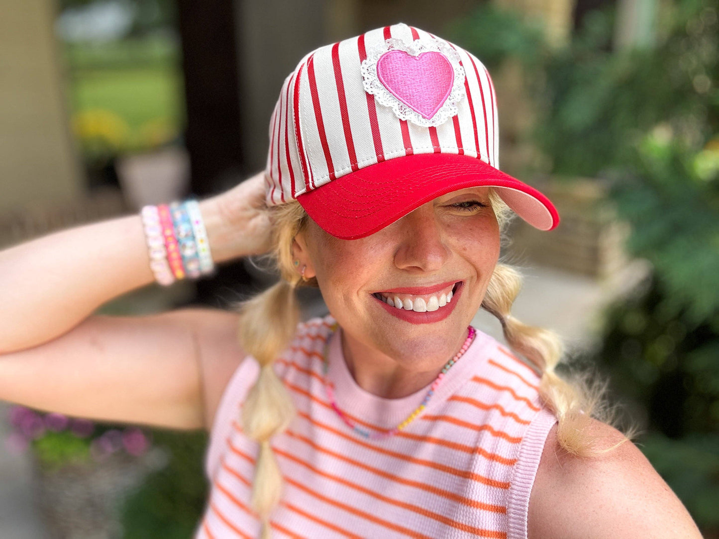 Baseball Cap w/ Lace Trim Heart Patch - Red + Cream Stripes