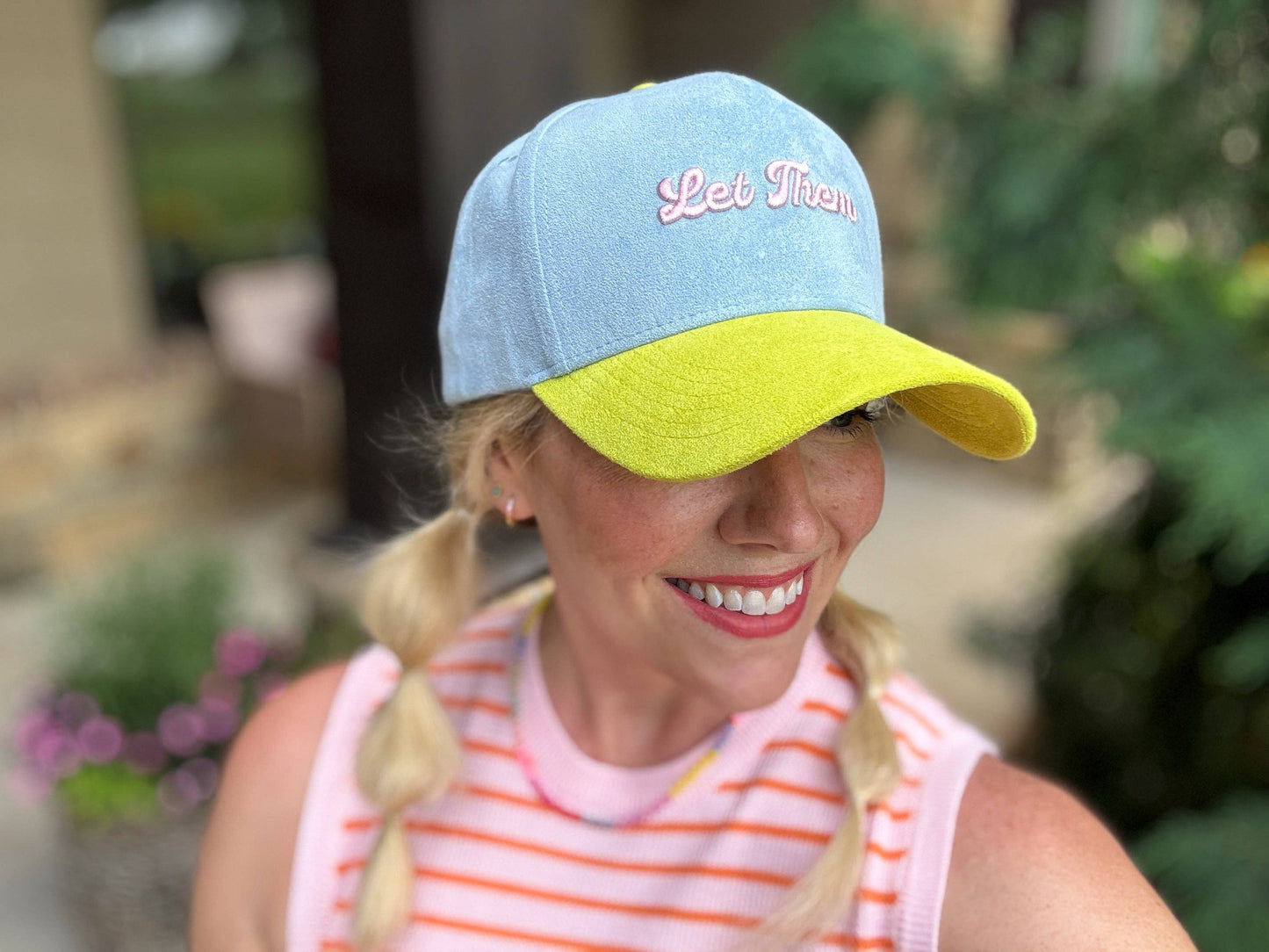 Embroidered Baseball Cap - "Let Them" - Blue + Yellow Suede