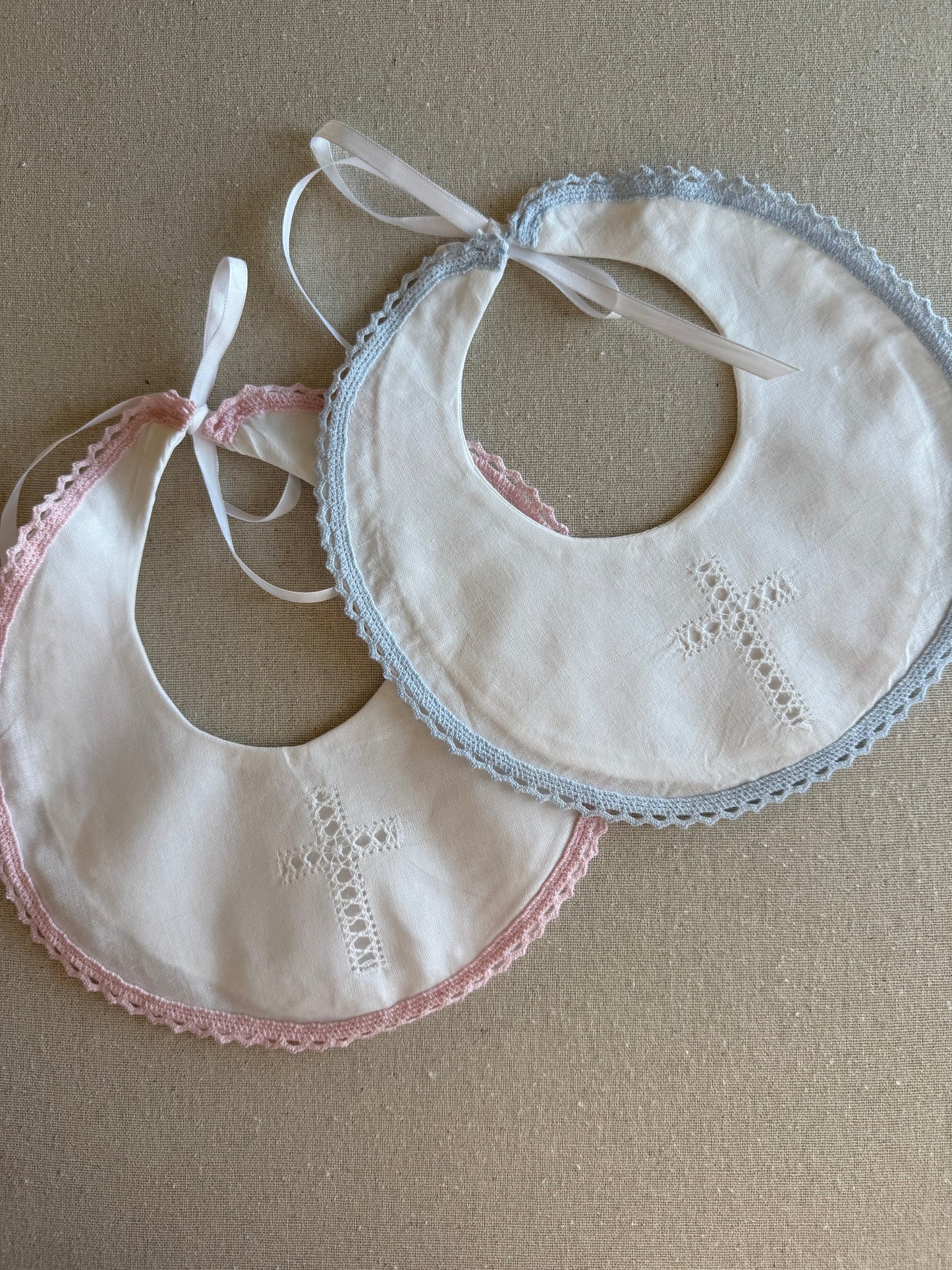White Cotton Bib with Hemstitched Cross and Crochet Edging