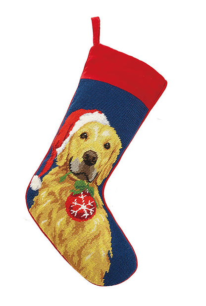 Golden Retriever Dog With Ornament Needlepoint Stocking