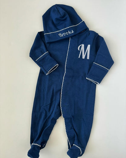 Navy with white picot trim footie and hat