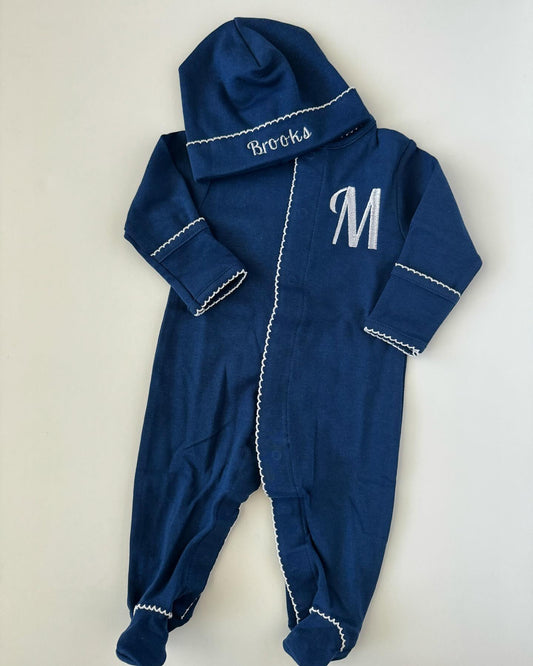 Navy with white picot trim footie and hat