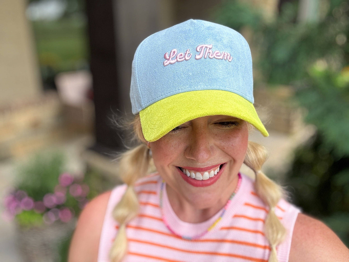 Embroidered Baseball Cap - "Let Them" - Blue + Yellow Suede