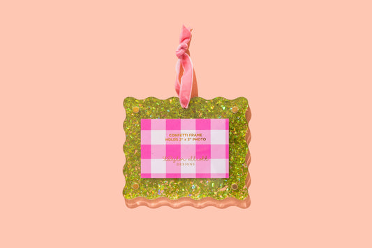 Acrylic Frame Ornament - Assorted Confetti Colors: Green w/ Light Pink Ribbon