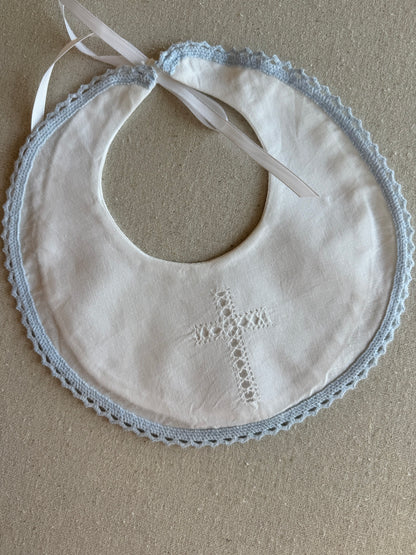 White Cotton Bib with Hemstitched Cross and Crochet Edging
