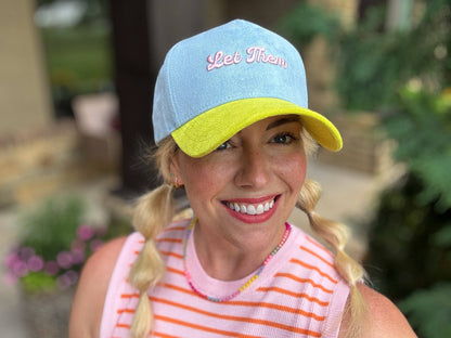 Embroidered Baseball Cap - "Let Them" - Blue + Yellow Suede