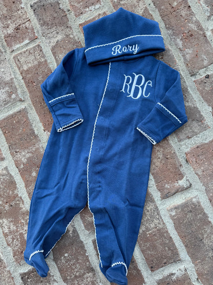 Navy with white picot trim footie and hat