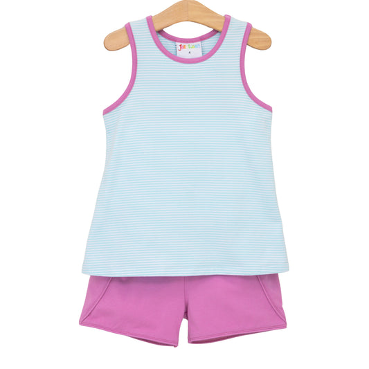 Abby Bow Back Short Set - Aqua Stripe and Fuchsia PREORDER ETA April