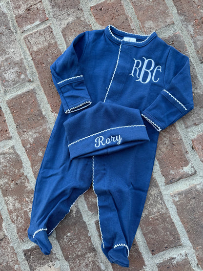 Navy with white picot trim footie and hat