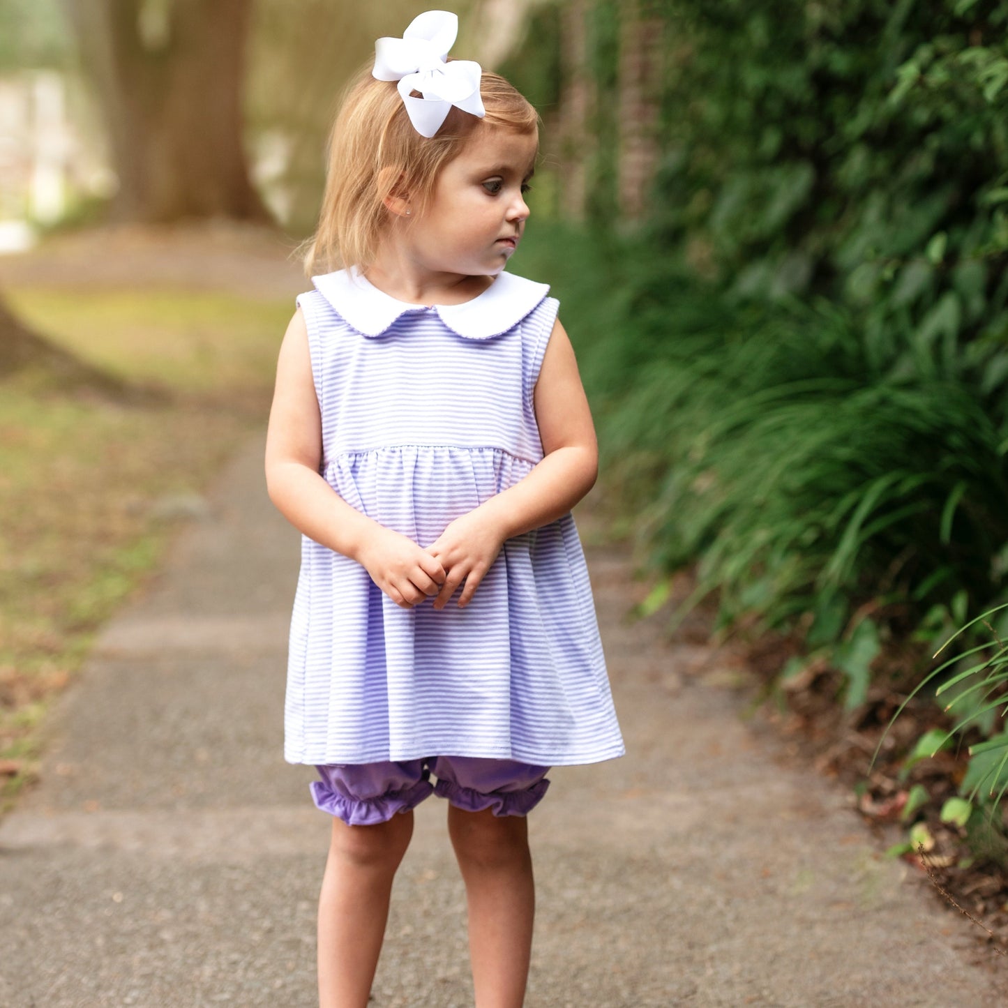 Charlotte Sleeveless Bloomer Set- Lavender Stripe