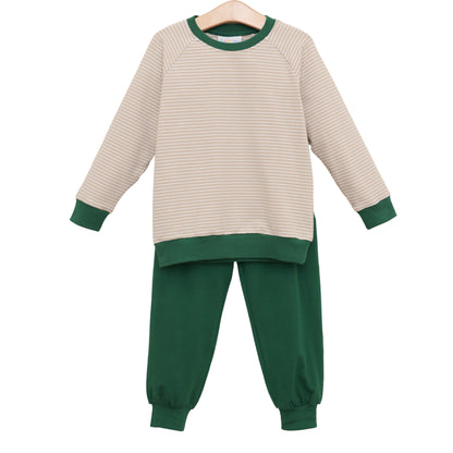 Connor Jogger Set- Tan Stripe/Hunter Green (Fall Preorder ETA September)