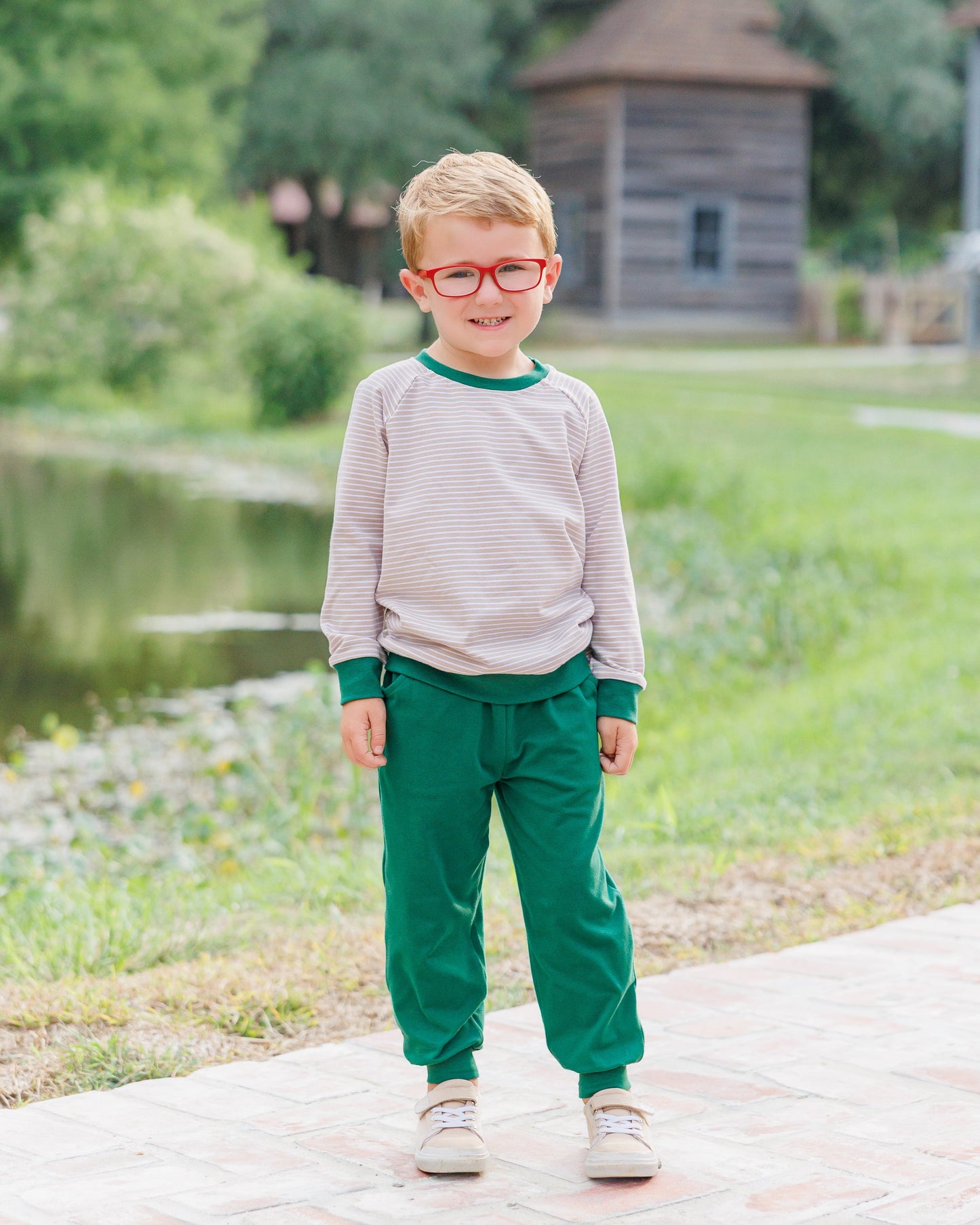 Connor Jogger Set- Tan Stripe/Hunter Green (Fall Preorder ETA September)