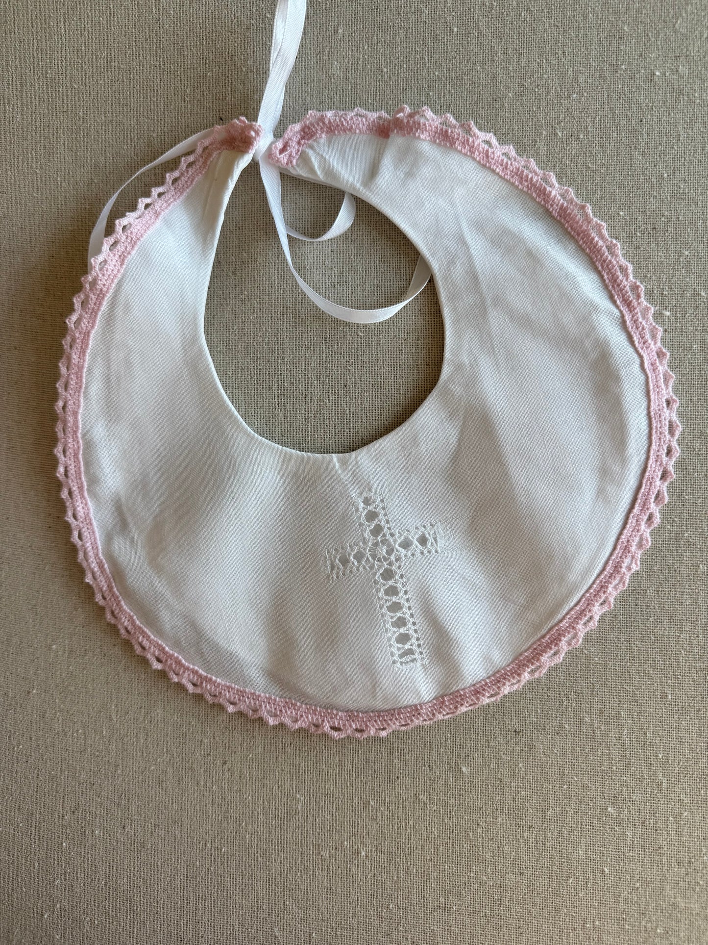 White Cotton Bib with Hemstitched Cross and Crochet Edging