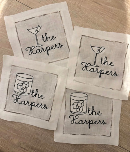 Set of 4 Linen Hemstitch Cocktail Napkins