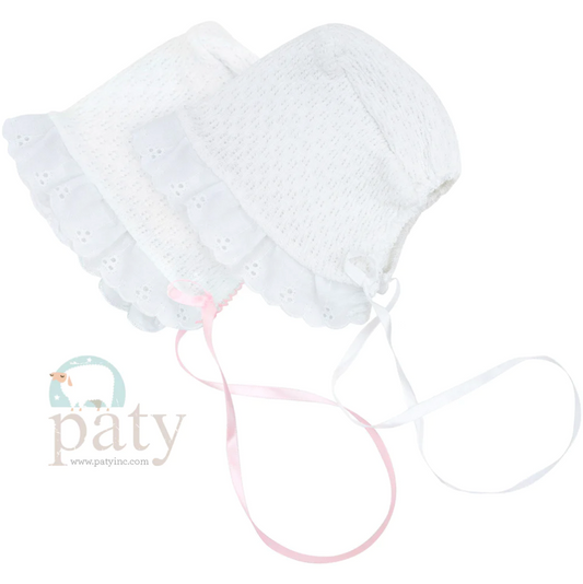 Paty Knit White Bonnet w/Eyelet Trim and Ribbon Tie