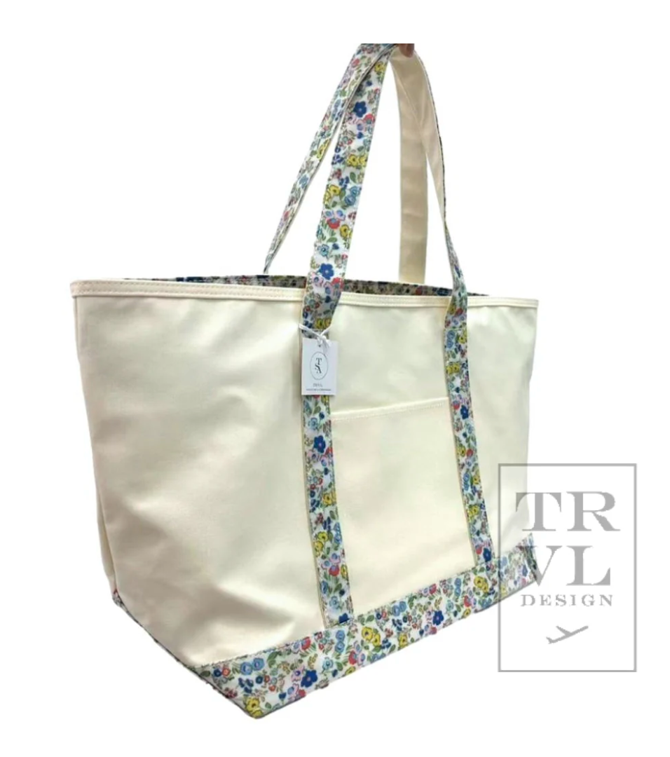 MAXI TOTE - Coated Canvas Large NATURAL with POSIES by TRVL Designs