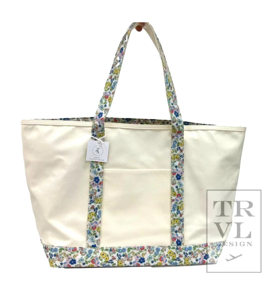 MAXI TOTE - Coated Canvas Large NATURAL with POSIES by TRVL Designs