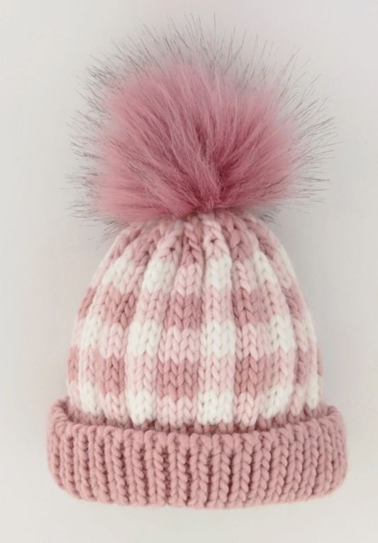 Rosy Pink Buffalo Check Pom Pom Beanie Hat Baby & Kids