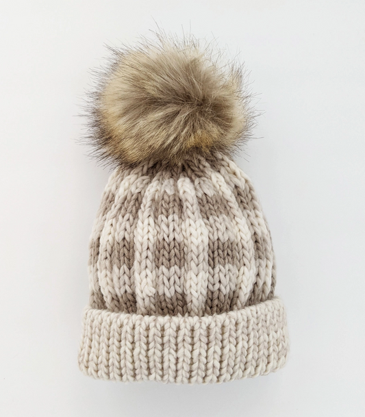 Pebble Brown Buffalo Check Pom Pom Beanie Hat Baby & Kids