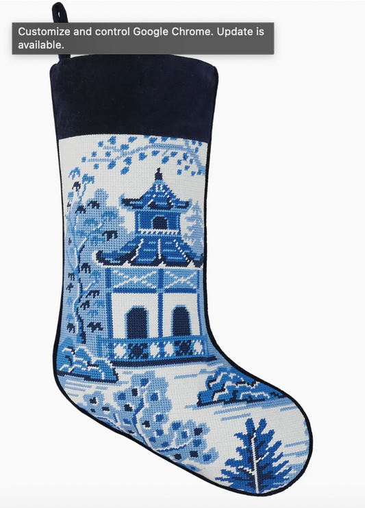 Chinoiserie Pagoda Embroidered Needlepoint Stocking