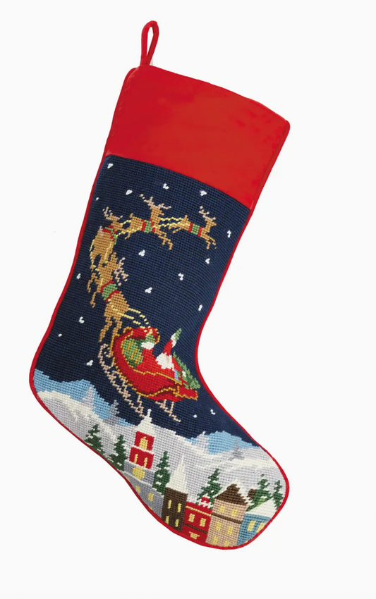 Santa and Reindeers Needlepoint Stocking