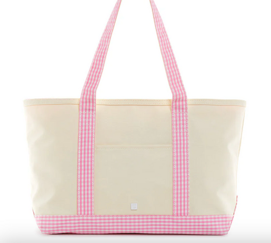 MEDIUM TOTE - COATED CANVAS NATURAL with GINGHAM PINK TRIM by TRVL