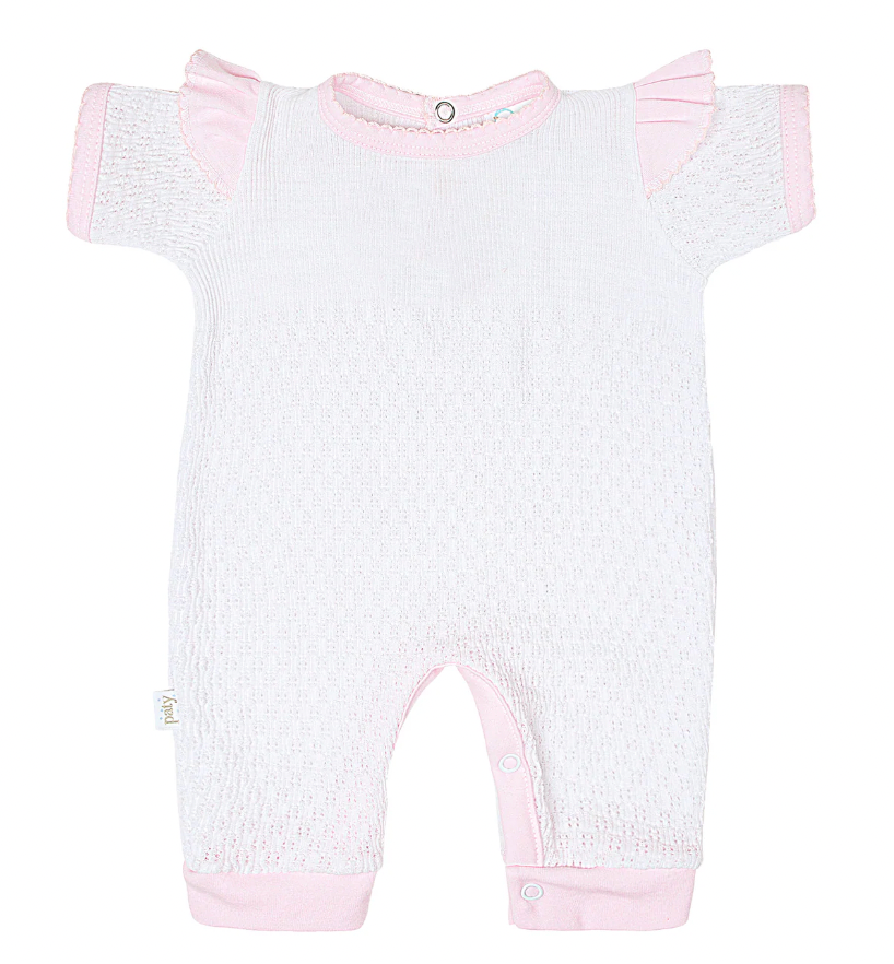 Paty Short Sleeve Pinstripe Romper with Ruffle Shoulder Trim (PREORDER ETA April)