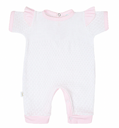 Paty Short Sleeve Pinstripe Romper with Ruffle Shoulder Trim (PREORDER ETA April)