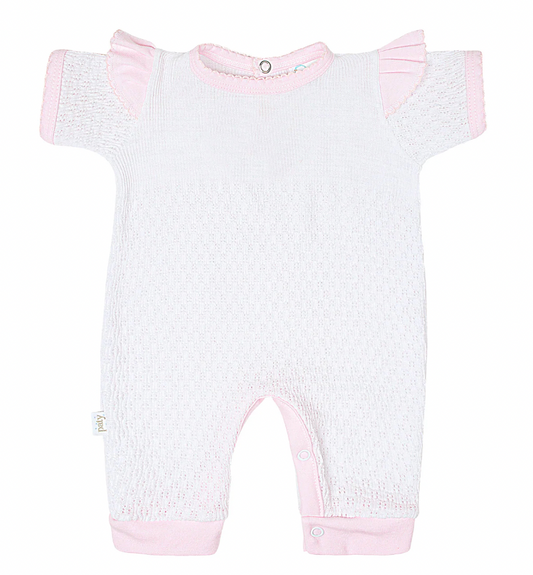 Paty Short Sleeve Pinstripe Romper with Ruffle Shoulder Trim (PREORDER ETA April)