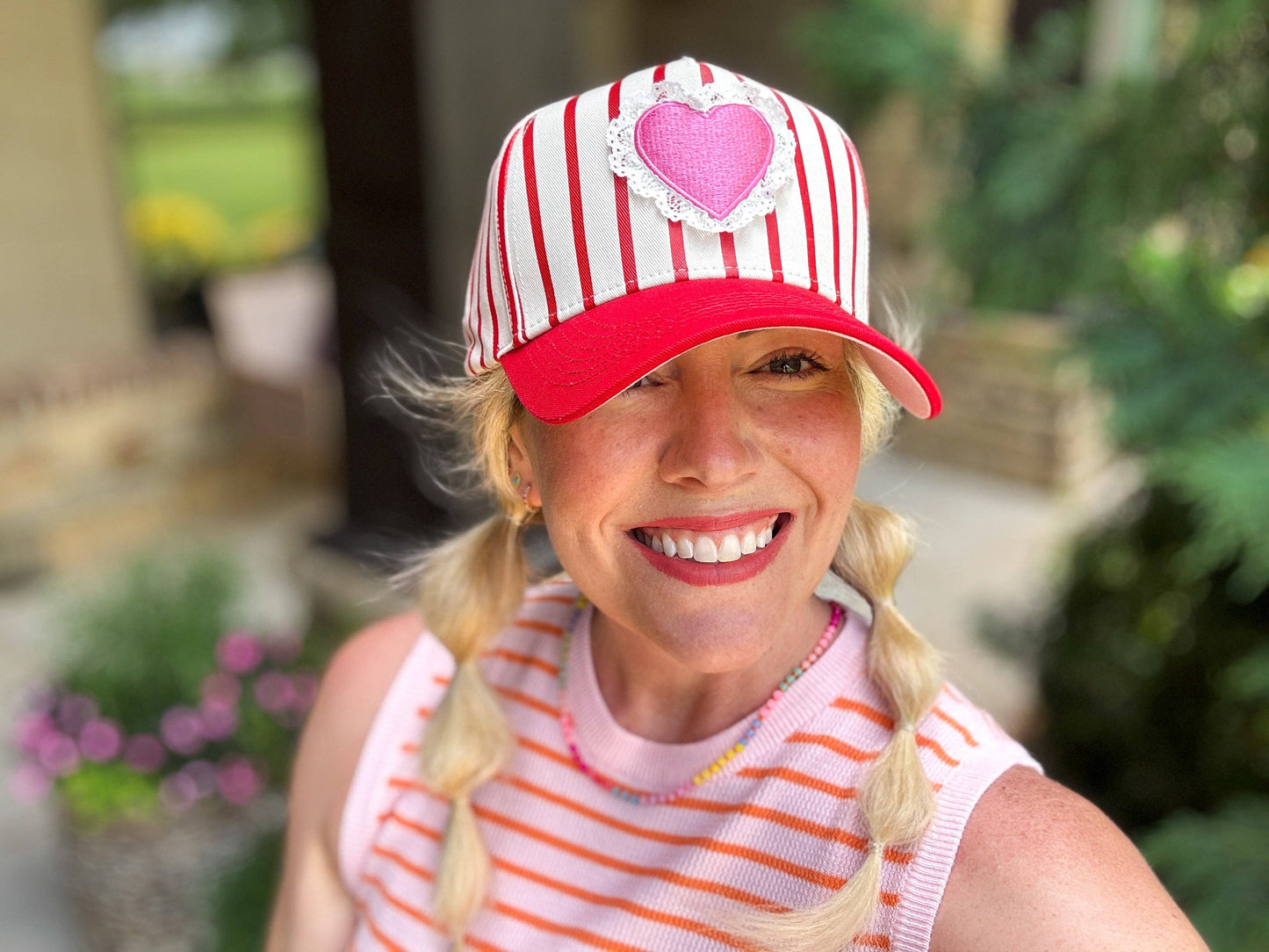 Baseball Cap w/ Lace Trim Heart Patch - Red + Cream Stripes
