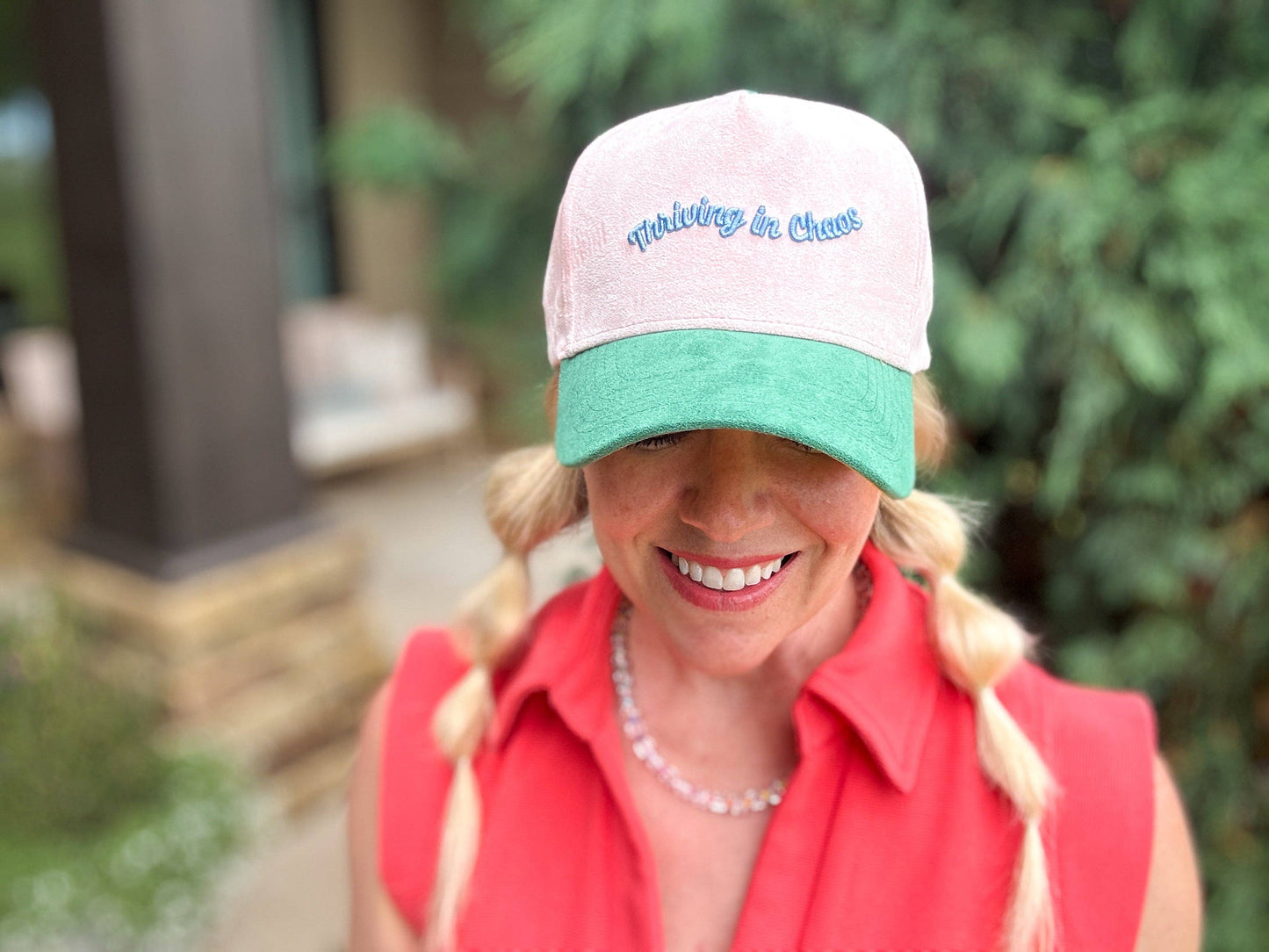 Embroidered Baseball Cap - "Thriving in Chaos" - Pink Suede