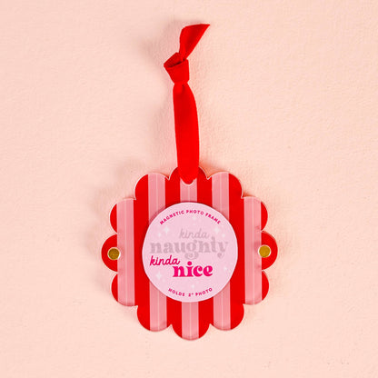 Scalloped Round Picture Frame Ornament-Peppermint Stripes
