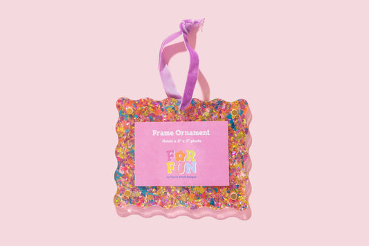 FOR FUN - Acrylic Frame Ornament - Assorted Confetti Colors: Pink w/ Purple Ribbon