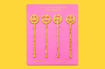 Stir Stick Set - Smiley - Gold Confetti - 4 Pc Set