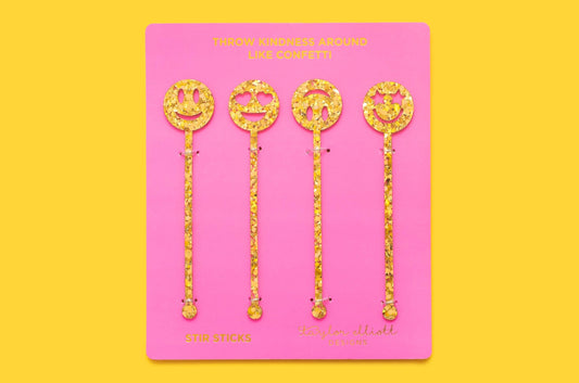 Stir Stick Set - Smiley - Gold Confetti - 4 Pc Set